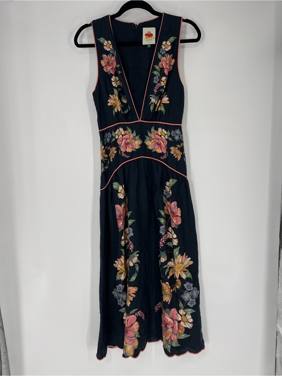 FARM Rio Dresses & Skirts - Farm Rio Linen Navy Floral Drop Waist Sleeveless Scalloped V Neck Midi Dress S